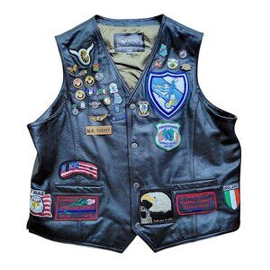 Black Leather Motorcycle Vest with Pins and Blue Knights Patches Fully Lined